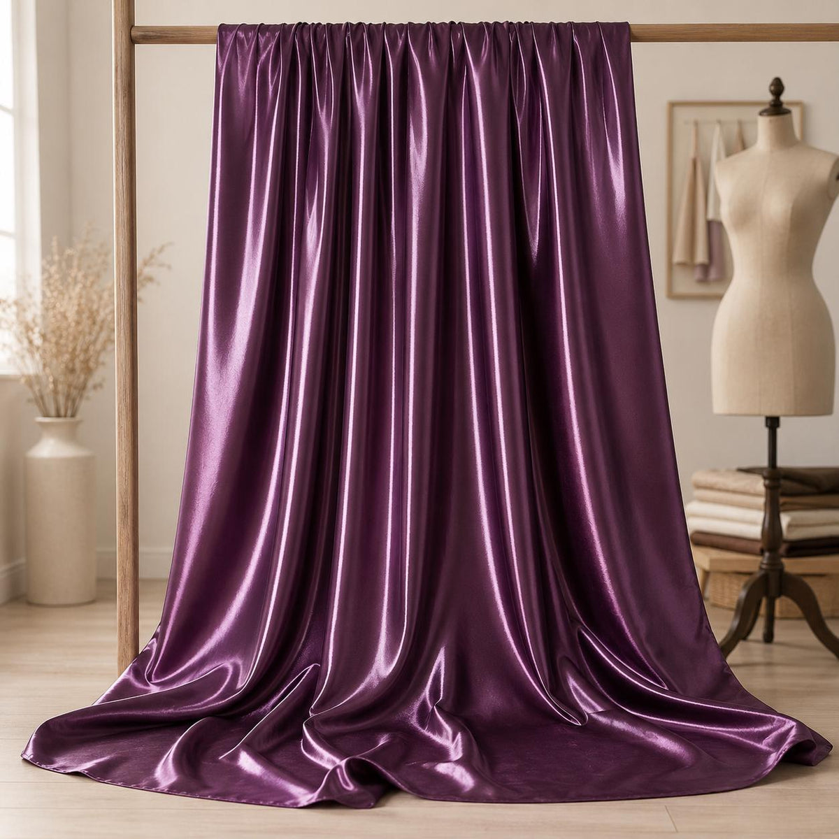 High Shine Bridal Satin Fabric by the Yard, Glossy Plum Purple Polyester Satin for Wedding Dress, Bridesmaid Gown, Decor & Sewing