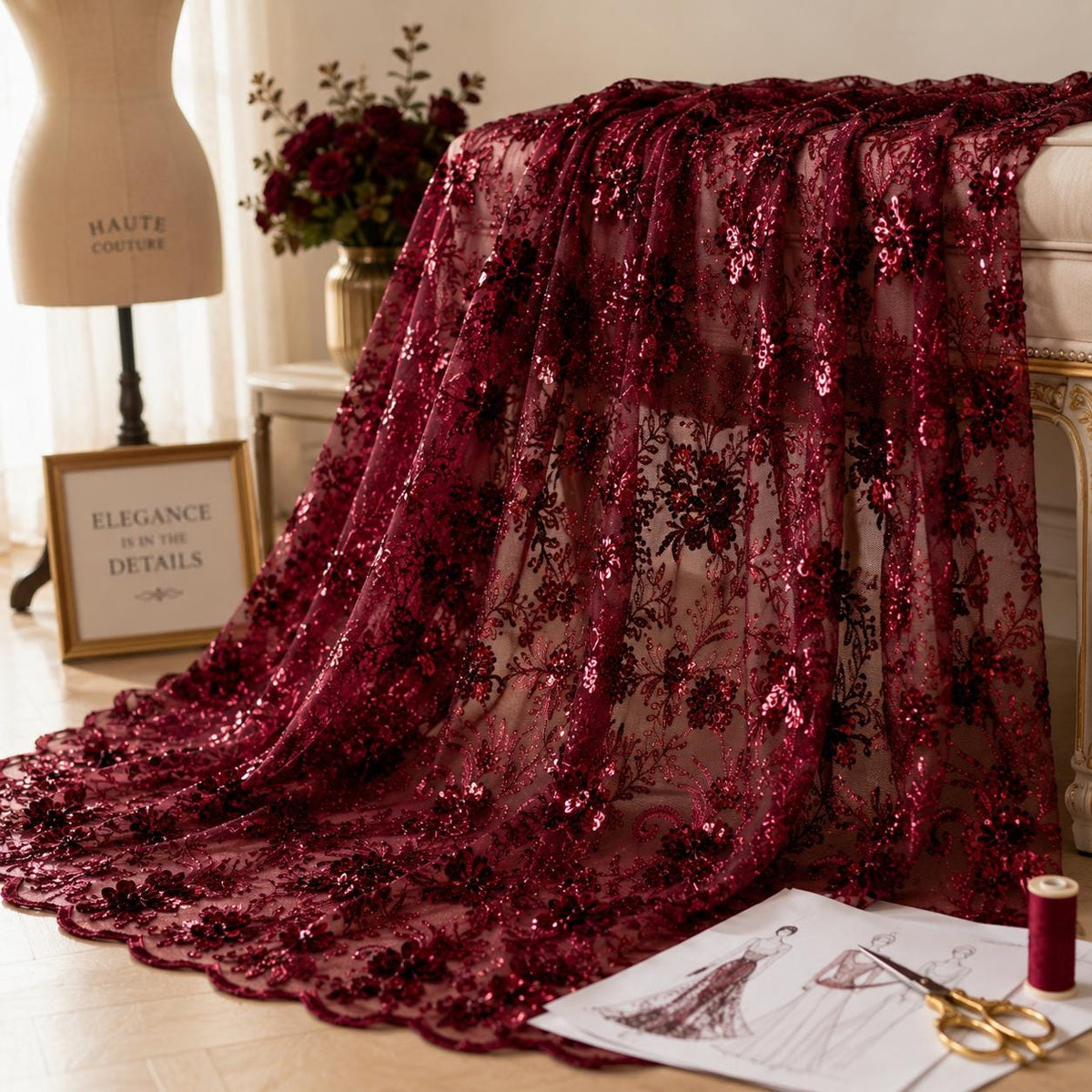 Burgundy Floral Mesh Lace Fabric by the Yard, Sequin Embroidery Fabric, Designer Sewing Lace, Couture Dress Material, DIY Fashion Fabric