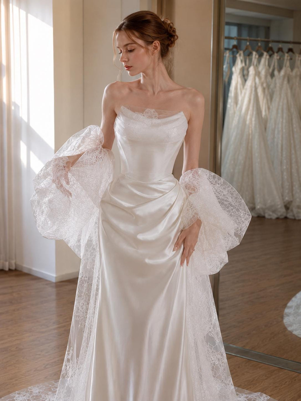Off-the-Shoulder Satin Mermaid Wedding Dress with Lace Sleeves