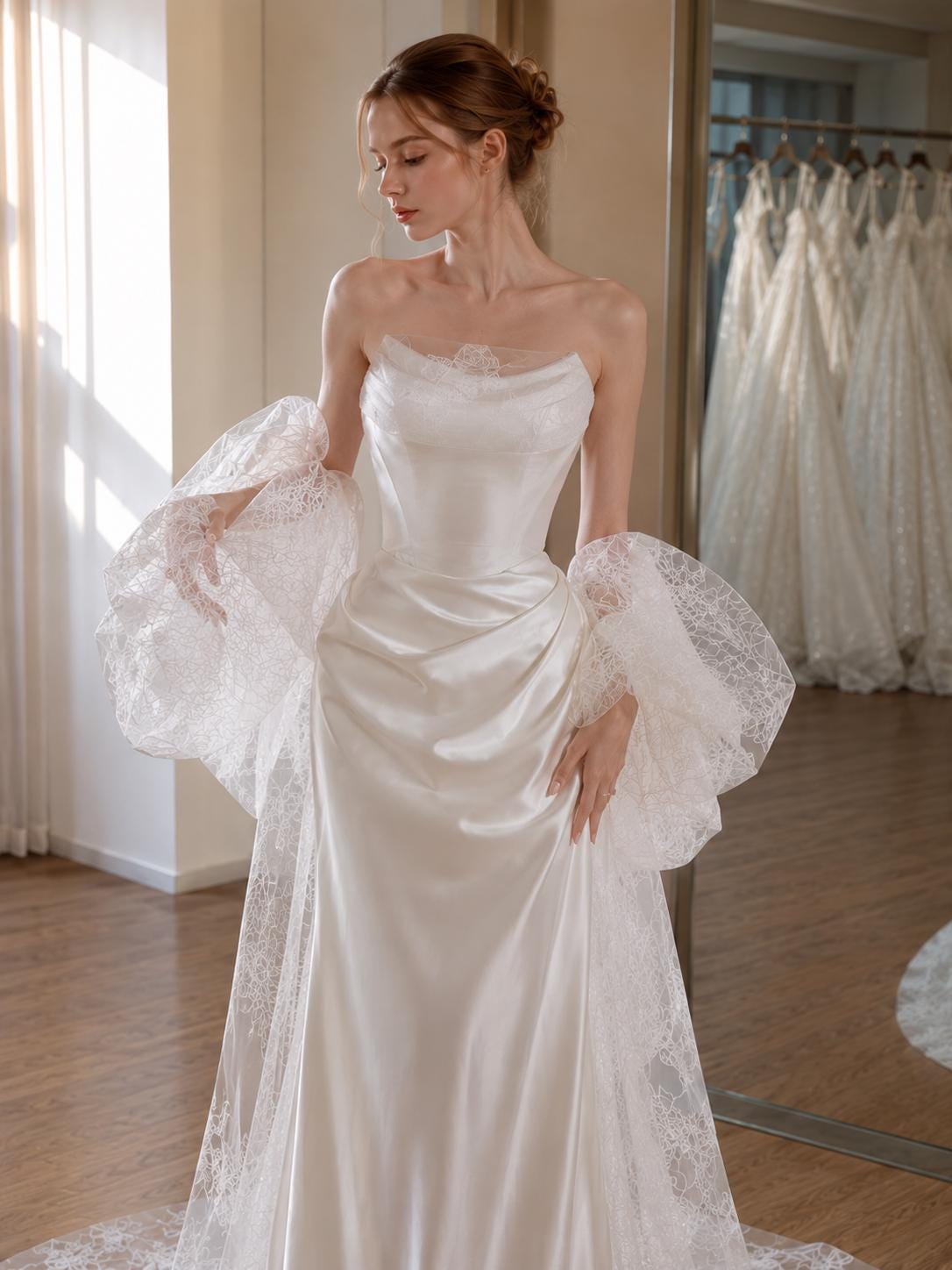 Off-the-Shoulder Satin Mermaid Wedding Dress with Lace Sleeves