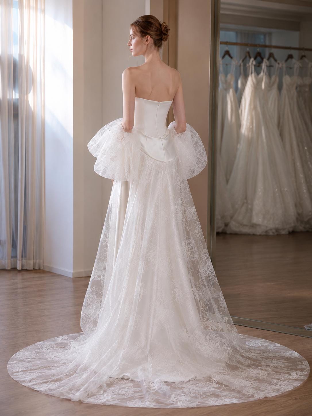 Off-the-Shoulder Satin Mermaid Wedding Dress with Lace Sleeves