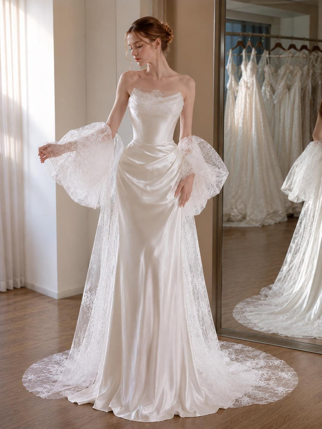 Off-the-Shoulder Satin Mermaid Wedding Dress with Lace Sleeves