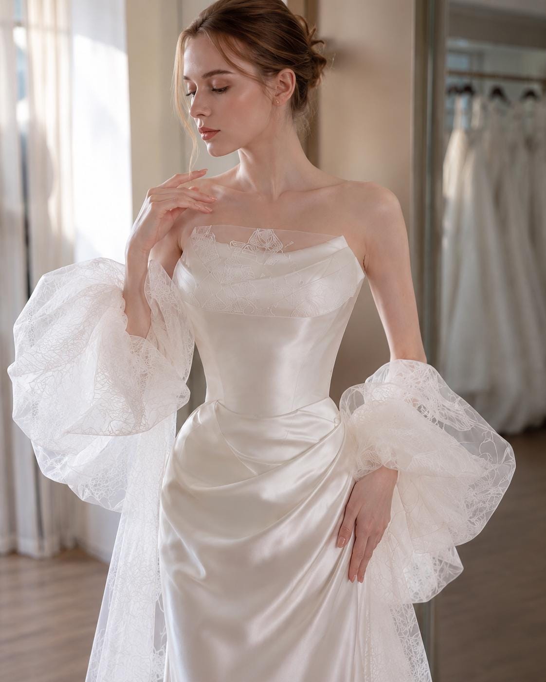 Off-the-Shoulder Satin Mermaid Wedding Dress with Lace Sleeves