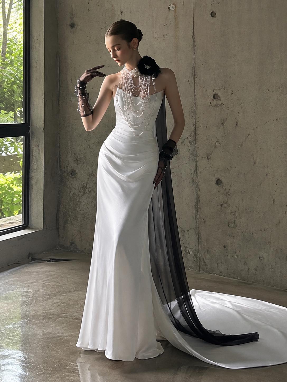 Pearl Satin Mermaid Wedding Dress with Black Floral Accents