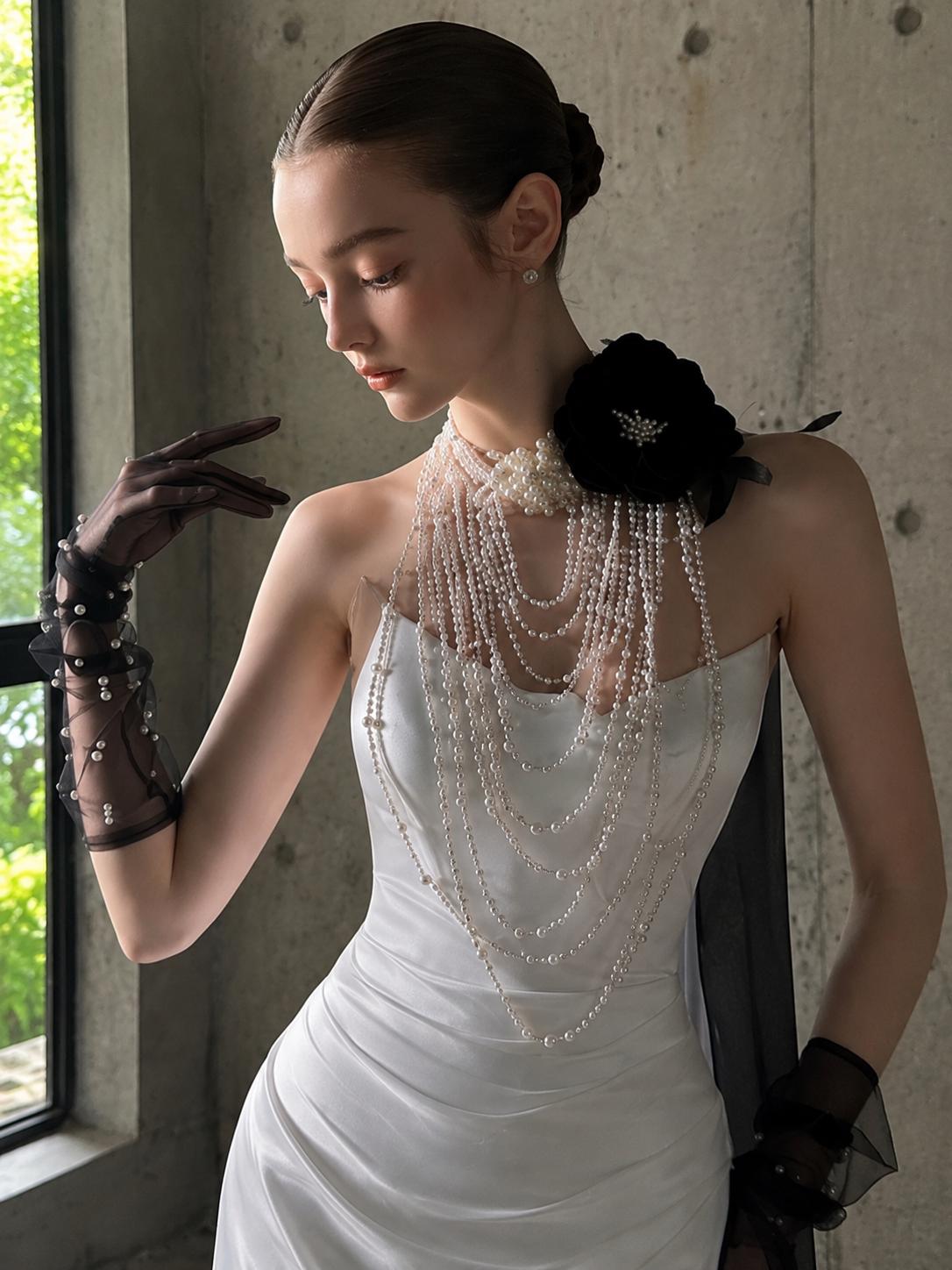 Pearl Satin Mermaid Wedding Dress with Black Floral Accents