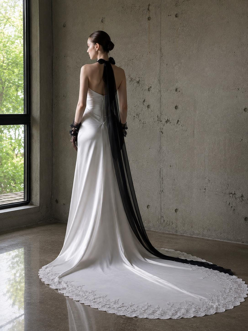 Pearl Satin Mermaid Wedding Dress with Black Floral Accents