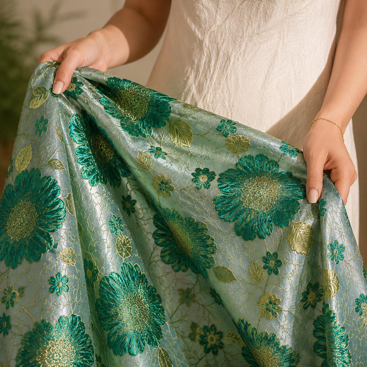 Metallic Floral Jacquard Fabric, Green Brocade Material by Yard, Designer Fabric for Wedding Dress, Corset, Luxury Home Decor