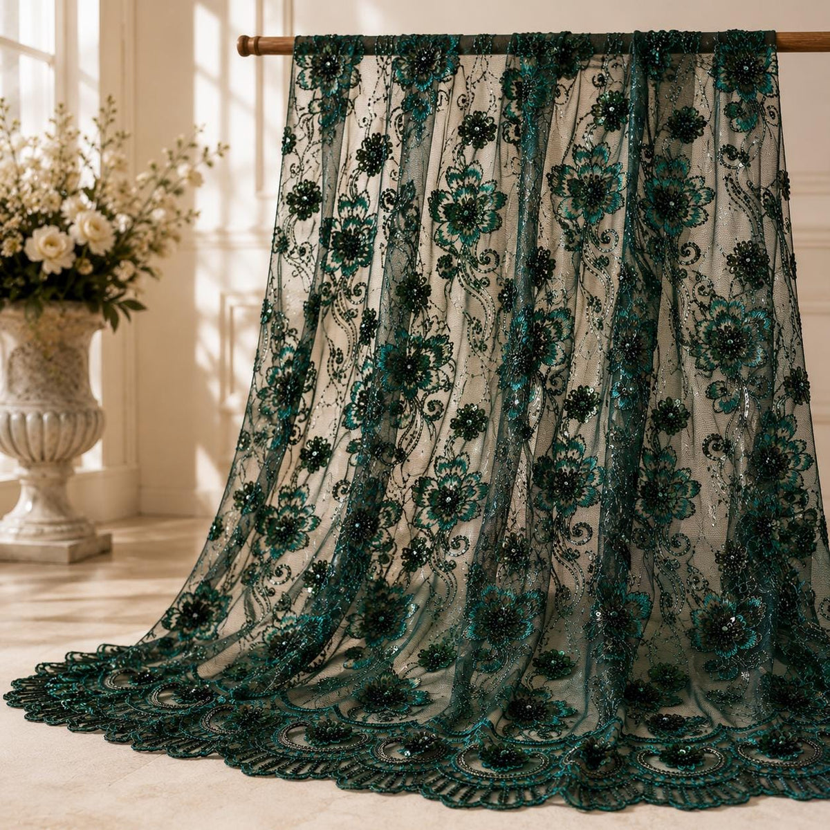 Emerald Sequin Mesh Lace Fabric, Floral Embroidered Lace by the Yard, Prom Dress Lace, Couture Evening Dress Fabric, Beaded Mesh