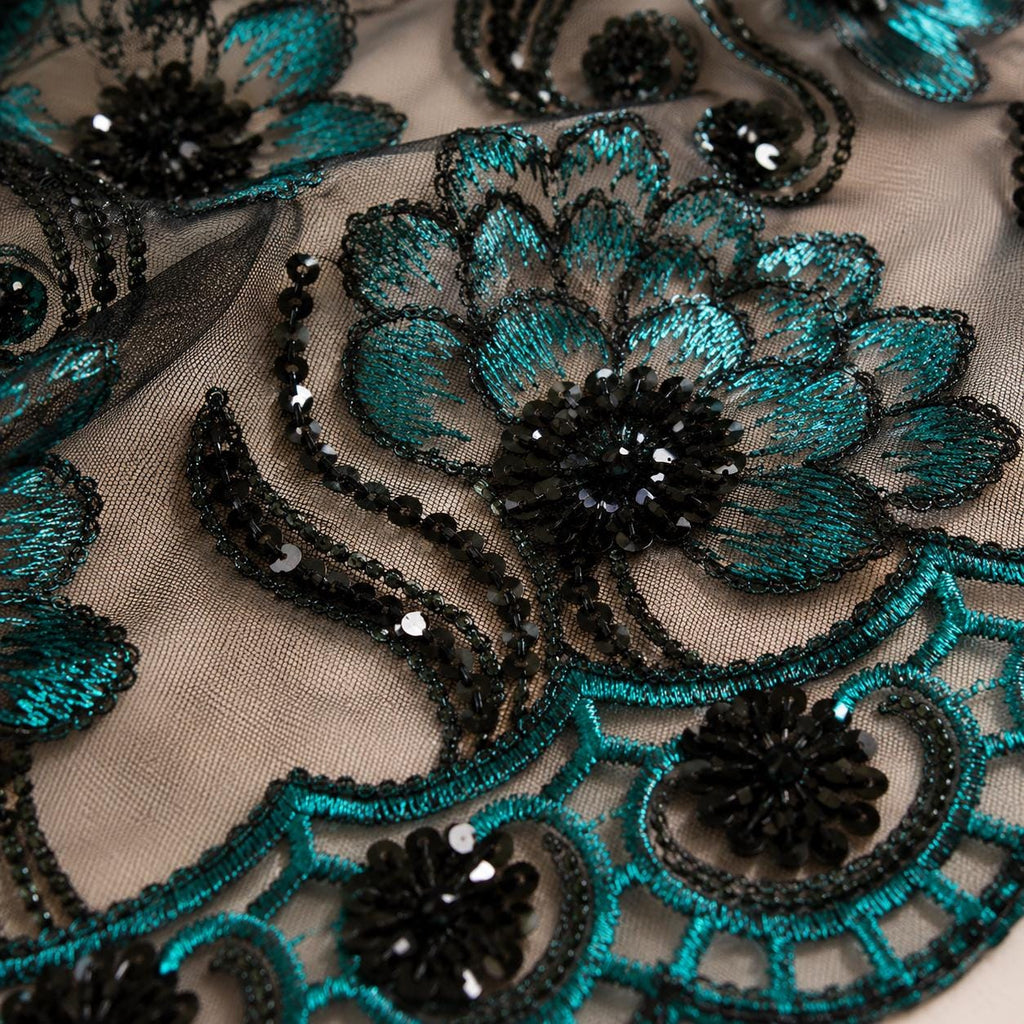 Emerald Sequin Mesh Lace Fabric, Floral Embroidered Lace by the Yard, Prom Dress Lace, Couture Evening Dress Fabric, Beaded Mesh