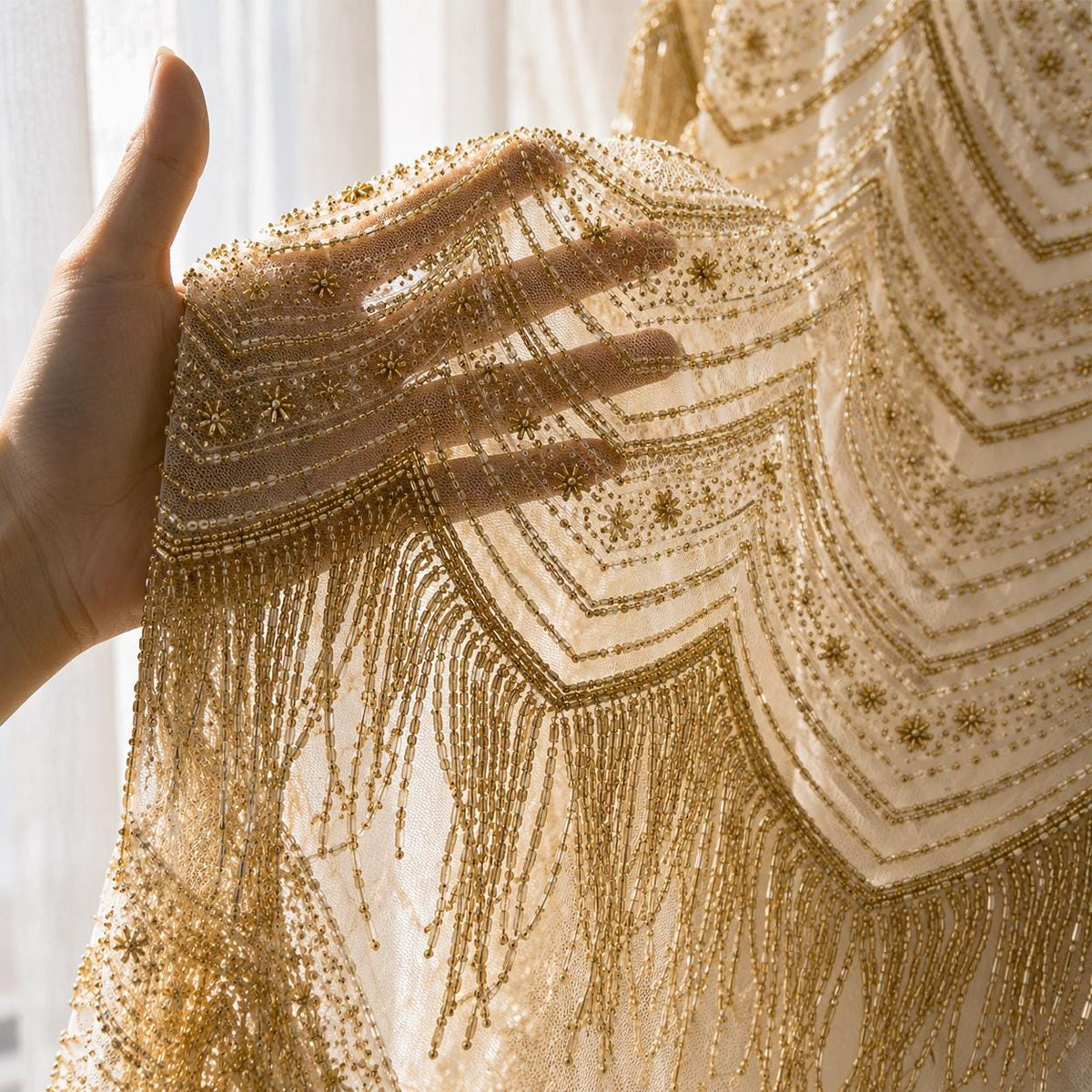 Luxury Couture Beaded Mesh Fabric, Gold Sequin Lace, Heavy Bridal Lace Fabric by the Yard, Designer Wedding Dress Fabric, Fringe Embroidery