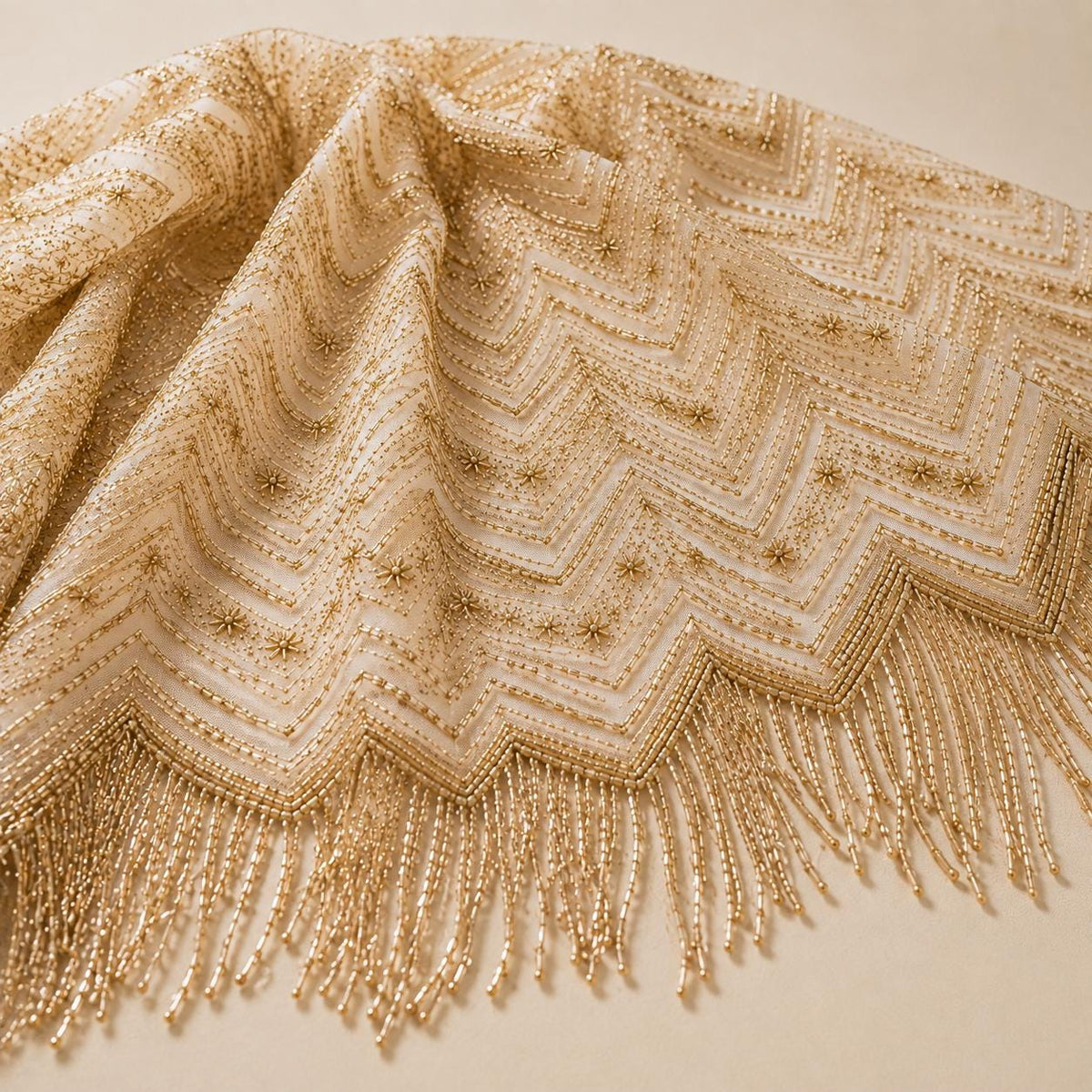 Luxury Couture Beaded Mesh Fabric, Gold Sequin Lace, Heavy Bridal Lace Fabric by the Yard, Designer Wedding Dress Fabric, Fringe Embroidery