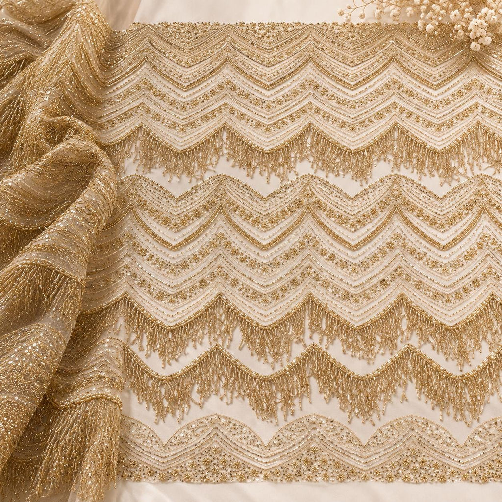 Luxury Couture Beaded Mesh Fabric, Gold Sequin Lace, Heavy Bridal Lace Fabric by the Yard, Designer Wedding Dress Fabric, Fringe Embroidery