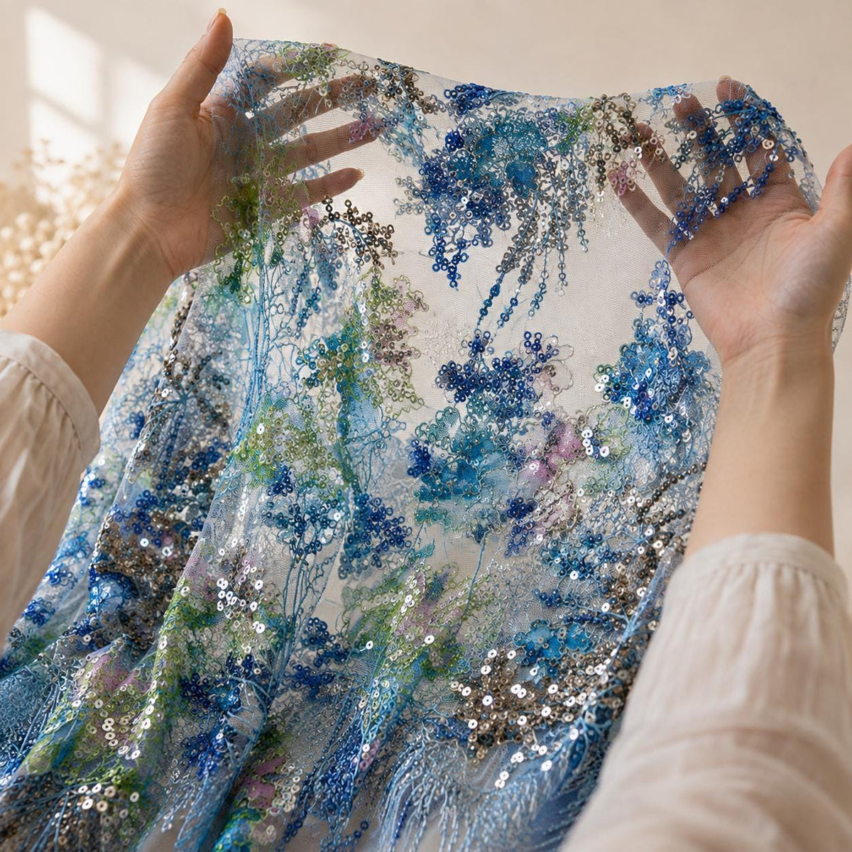 Blue Beaded Lace Fabric by the Yard, Botanical Floral Embroidered Mesh, Luxury Bridal Wedding Dress Fabric, Couture Sequin Lace for Veils