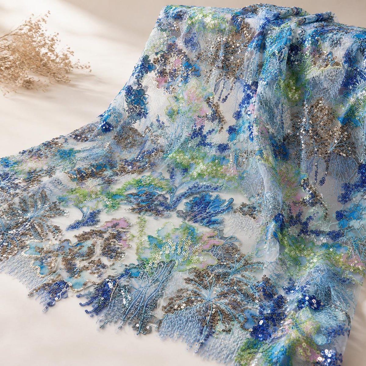 Blue Beaded Lace Fabric by the Yard, Botanical Floral Embroidered Mesh, Luxury Bridal Wedding Dress Fabric, Couture Sequin Lace for Veils