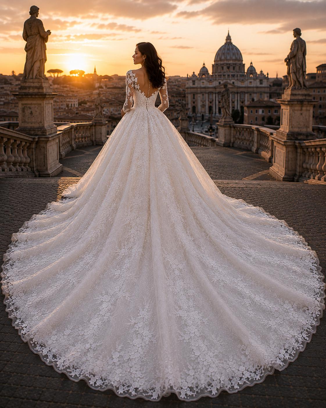 Floral Lace Ball Gown Wedding Dress with Cathedral Train