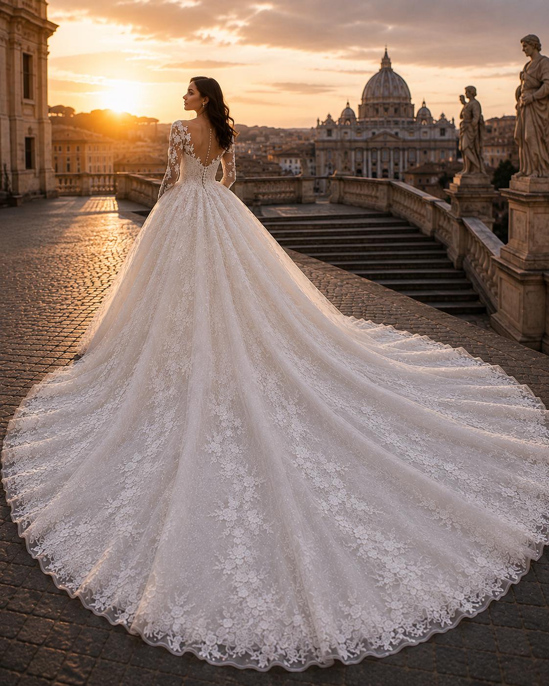 Floral Lace Ball Gown Wedding Dress with Cathedral Train