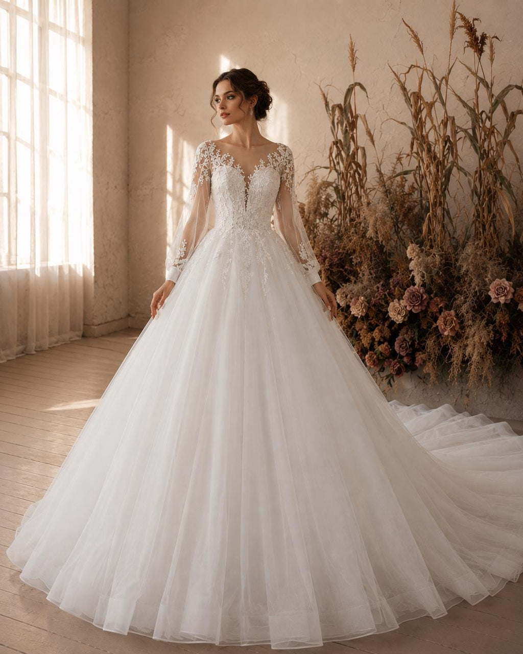 Long Sleeve Lace Ball Gown Wedding Dress with Lace-Up Back