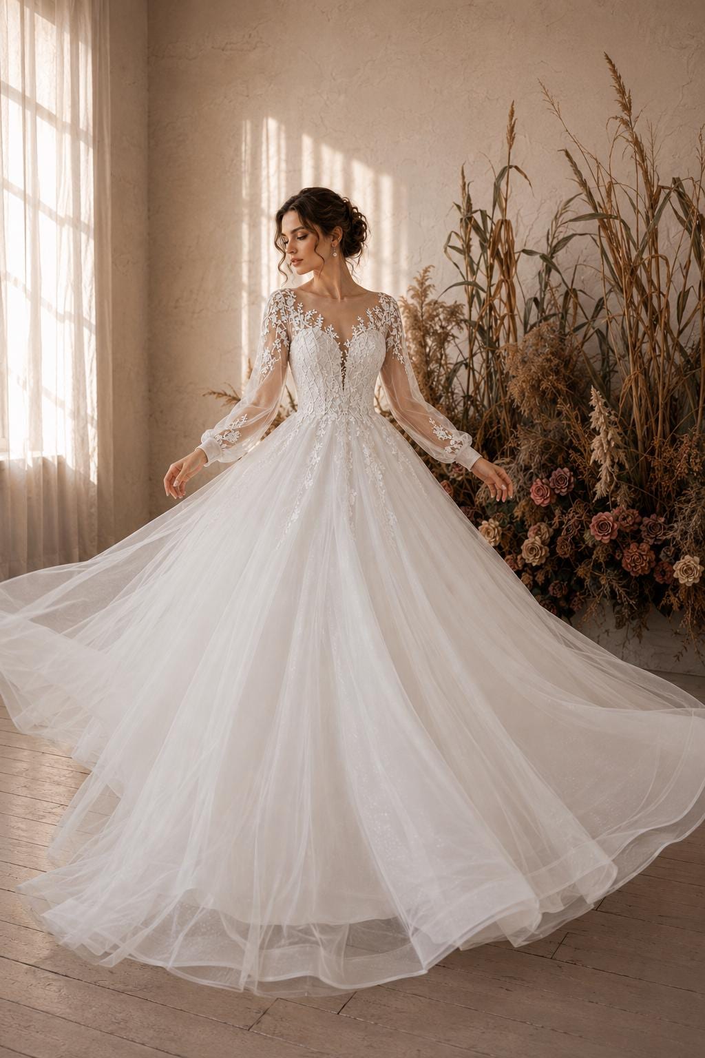 Long Sleeve Lace Ball Gown Wedding Dress with Lace-Up Back