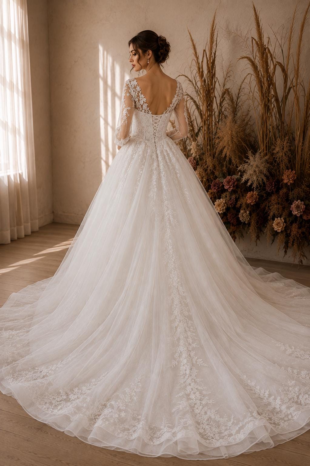 Long Sleeve Lace Ball Gown Wedding Dress with Lace-Up Back