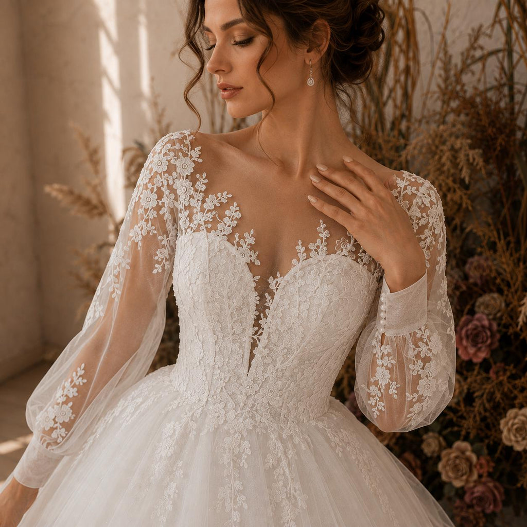 Long Sleeve Lace Ball Gown Wedding Dress with Lace-Up Back