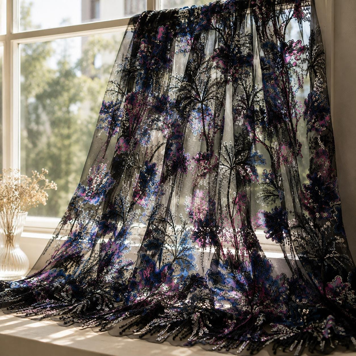 Black Botanical Beaded Lace Fabric by the Yard – Luxury Sequin Embroidered Tulle