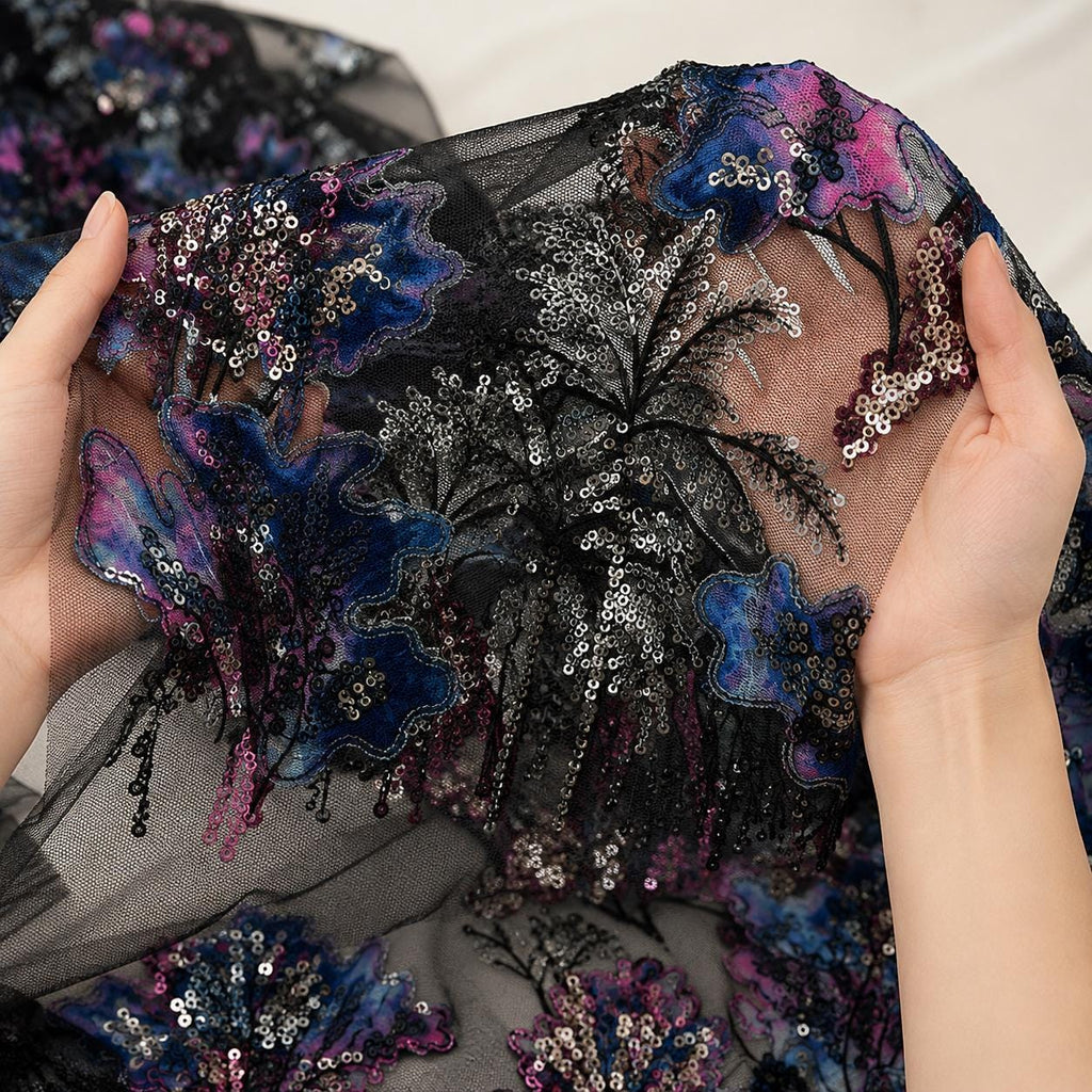 Black Botanical Beaded Lace Fabric by the Yard – Luxury Sequin Embroidered Tulle