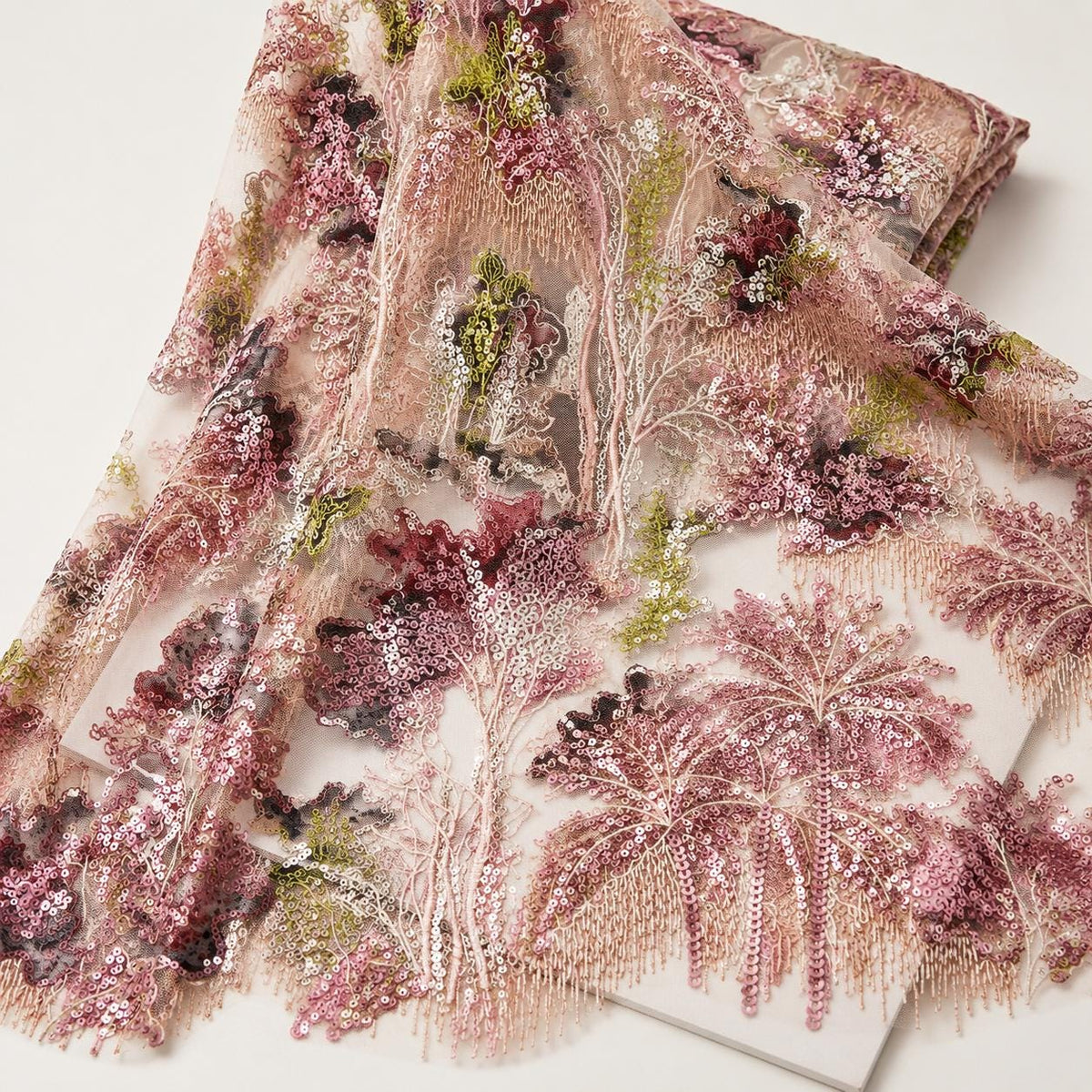 Blush Floral Sequin Lace Fabric by the Yard, Botanical Beaded Mesh for Prom Dress, Garden Wedding Gown, Formal Wear & Luxury Couture Designs
