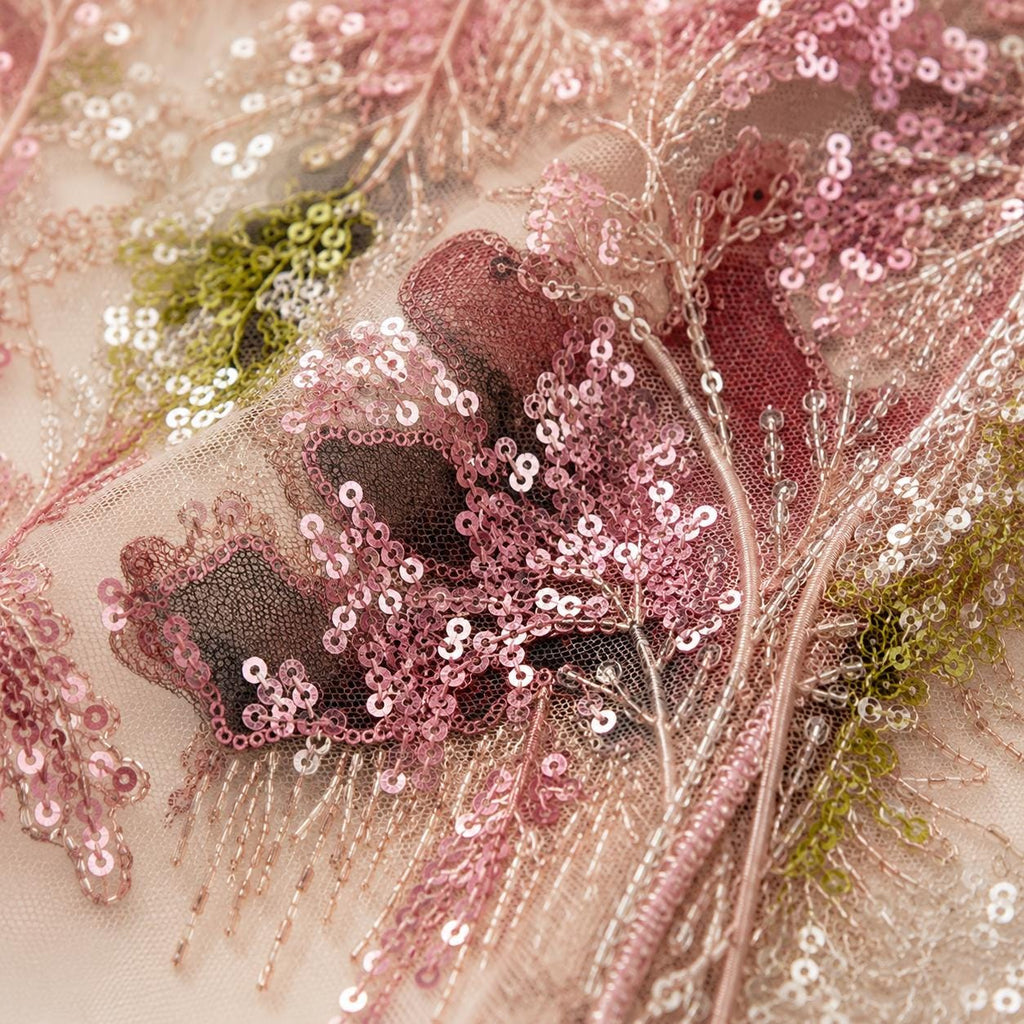 Blush Floral Sequin Lace Fabric by the Yard, Botanical Beaded Mesh for Prom Dress, Garden Wedding Gown, Formal Wear & Luxury Couture Designs