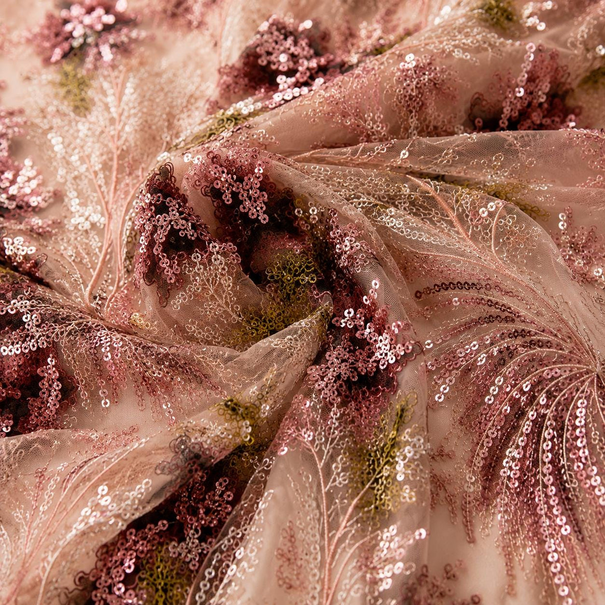 Blush Floral Sequin Lace Fabric by the Yard, Botanical Beaded Mesh for Prom Dress, Garden Wedding Gown, Formal Wear & Luxury Couture Designs