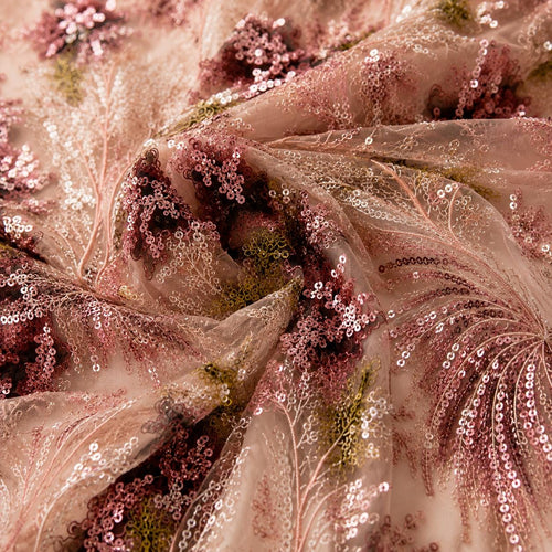 Blush Floral Sequin Lace Fabric by the Yard, Botanical Beaded Mesh for Prom Dress, Garden Wedding Gown, Formal Wear & Luxury Couture Designs