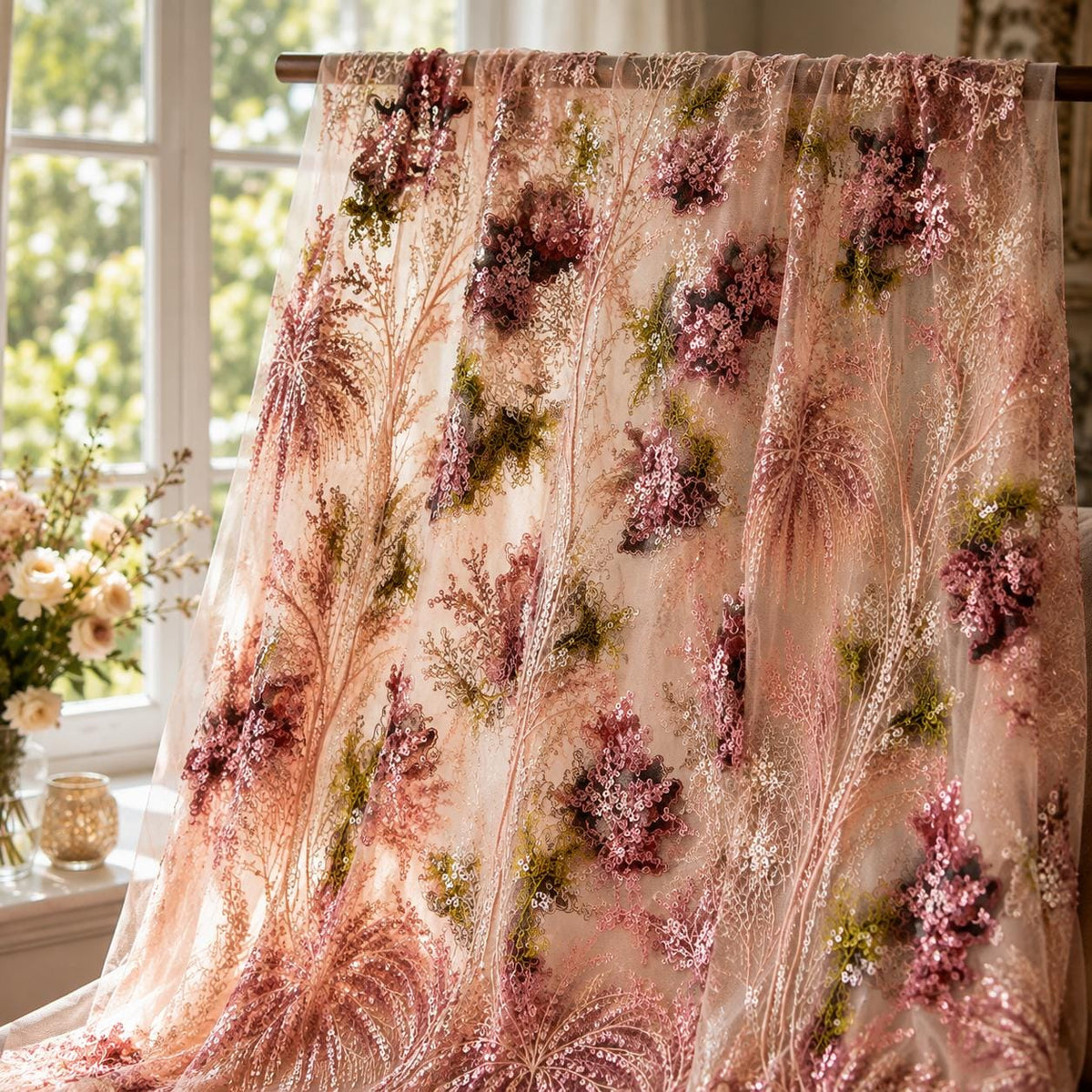 Blush Floral Sequin Lace Fabric by the Yard, Botanical Beaded Mesh for Prom Dress, Garden Wedding Gown, Formal Wear & Luxury Couture Designs