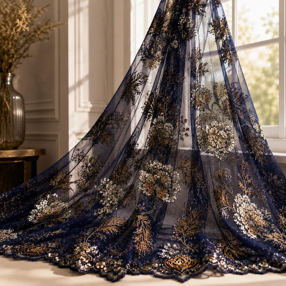 Navy Blue Beaded Lace Fabric by the Yard, Luxury Floral Embroidered Mesh, Couture Bridal Wedding Dress Fabric, Heavy Sequin Lace for Veils
