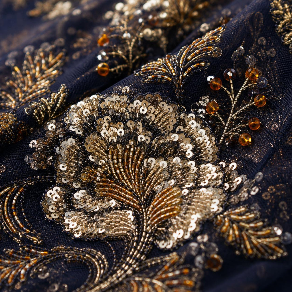 Navy Blue Beaded Lace Fabric by the Yard, Luxury Floral Embroidered Mesh, Couture Bridal Wedding Dress Fabric, Heavy Sequin Lace for Veils