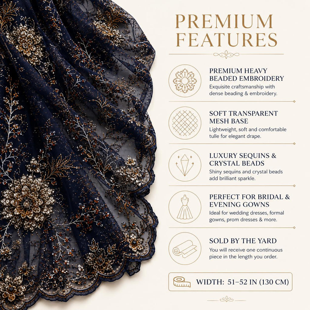 Navy Blue Beaded Lace Fabric by the Yard, Luxury Floral Embroidered Mesh, Couture Bridal Wedding Dress Fabric, Heavy Sequin Lace for Veils
