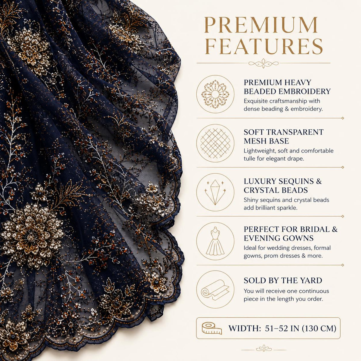 Navy Blue Beaded Lace Fabric by the Yard, Luxury Floral Embroidered Mesh, Couture Bridal Wedding Dress Fabric, Heavy Sequin Lace for Veils