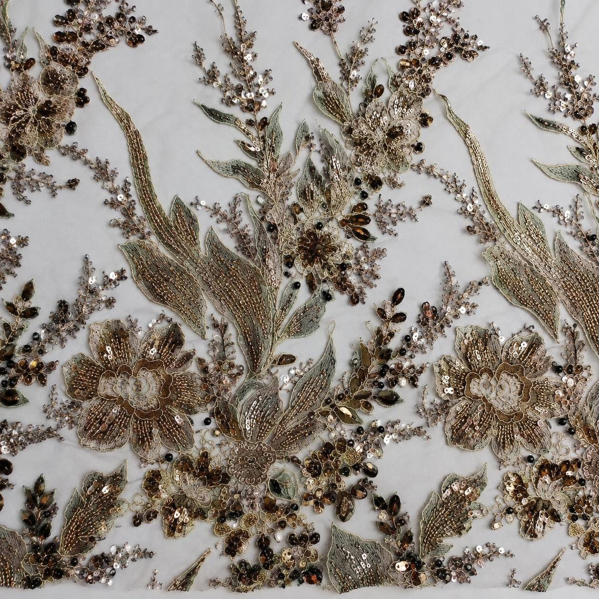 Gold Bronze Beaded Lace Fabric by the Yard, Floral Sequin Embroidered Tulle Mesh, Couture Fabric for Evening Gown, Bridal Dress