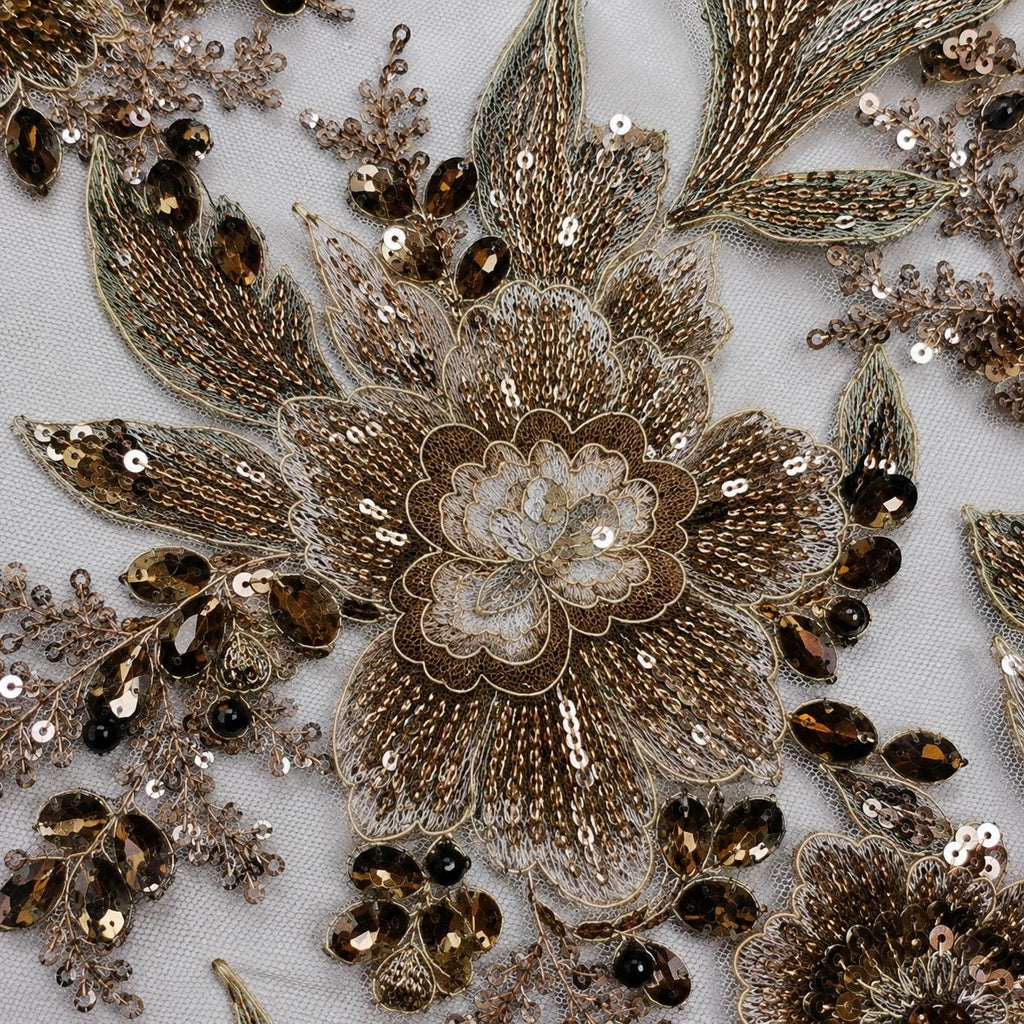 Gold Bronze Beaded Lace Fabric by the Yard, Floral Sequin Embroidered Tulle Mesh, Couture Fabric for Evening Gown, Bridal Dress