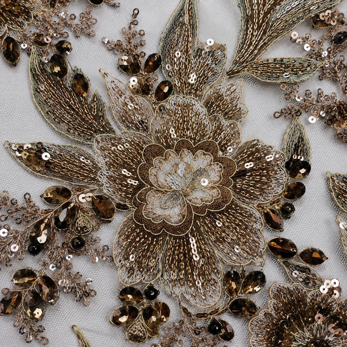 Gold Bronze Beaded Lace Fabric by the Yard, Floral Sequin Embroidered Tulle Mesh, Couture Fabric for Evening Gown, Bridal Dress