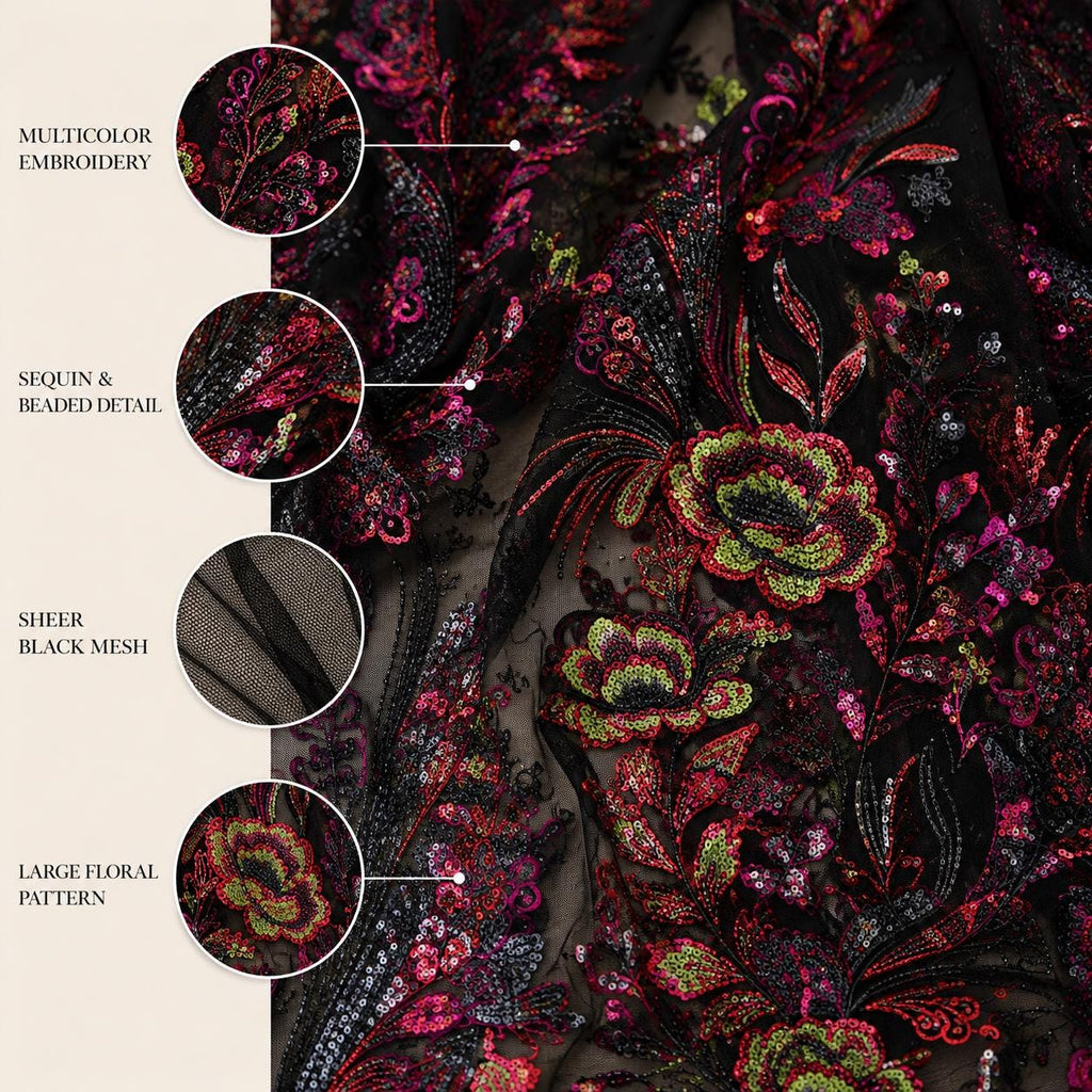 Multicolor Floral Sequin Lace Fabric by the Yard, Black Beaded Embroidered Mesh, Couture Fabric for Evening Gown, Prom Dress
