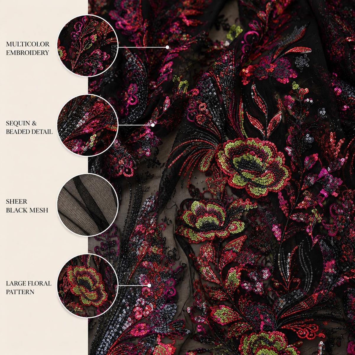 Multicolor Floral Sequin Lace Fabric by the Yard, Black Beaded Embroidered Mesh, Couture Fabric for Evening Gown, Prom Dress