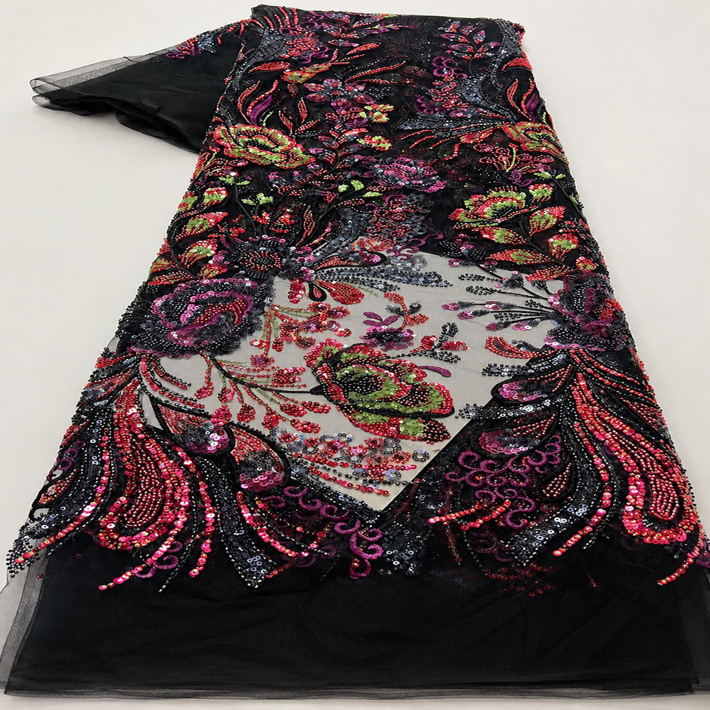 Multicolor Floral Sequin Lace Fabric by the Yard, Black Beaded Embroidered Mesh, Couture Fabric for Evening Gown, Prom Dress