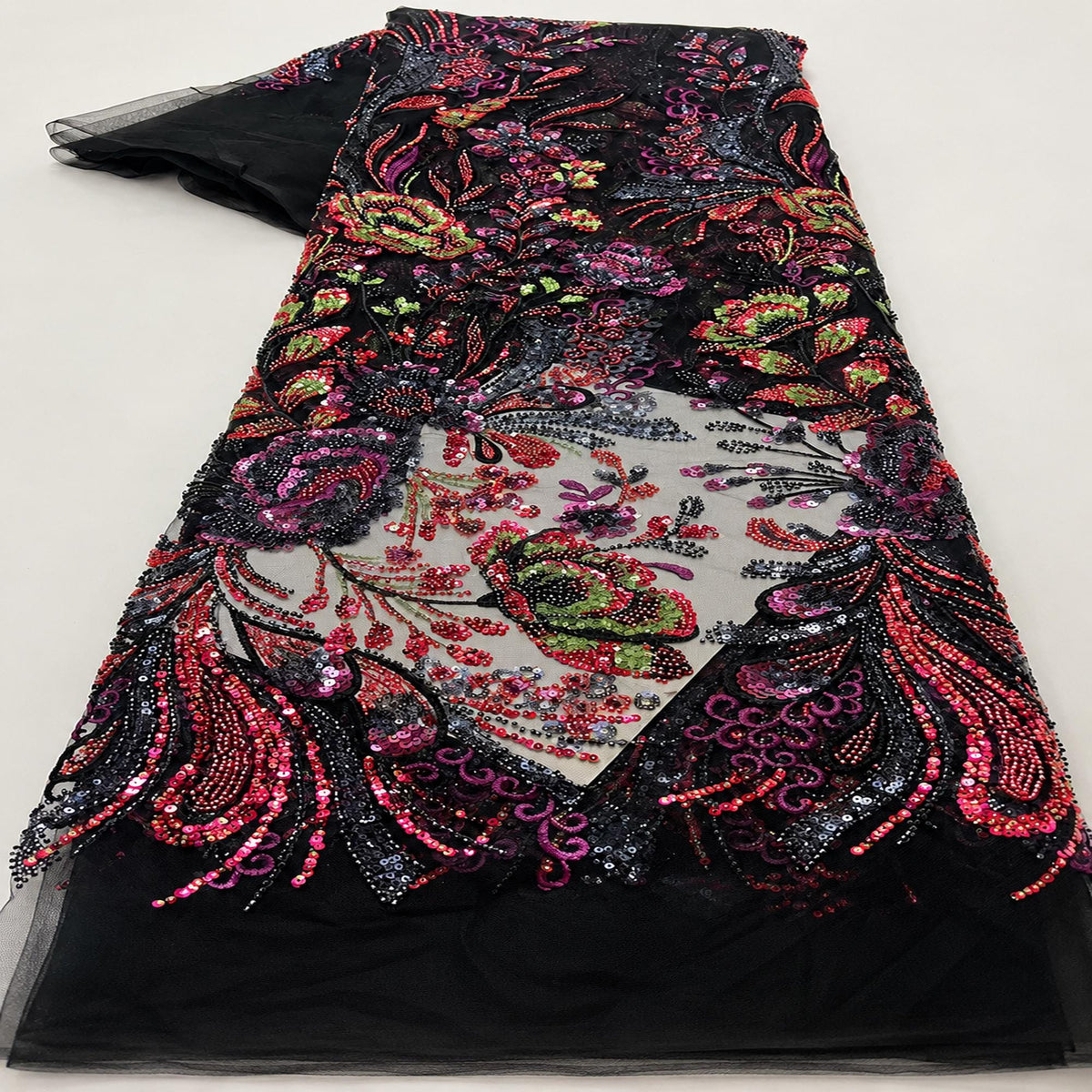 Multicolor Floral Sequin Lace Fabric by the Yard, Black Beaded Embroidered Mesh, Couture Fabric for Evening Gown, Prom Dress