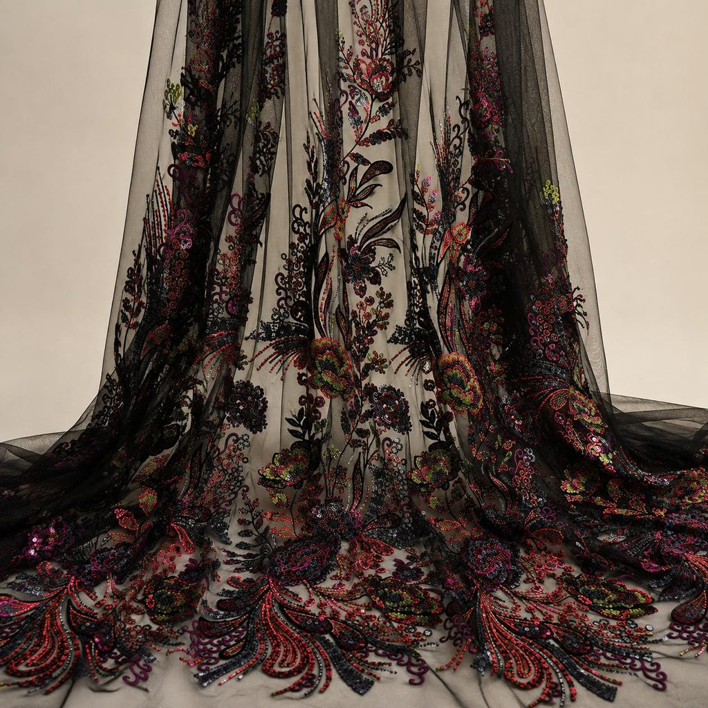 Multicolor Floral Sequin Lace Fabric by the Yard, Black Beaded Embroidered Mesh, Couture Fabric for Evening Gown, Prom Dress