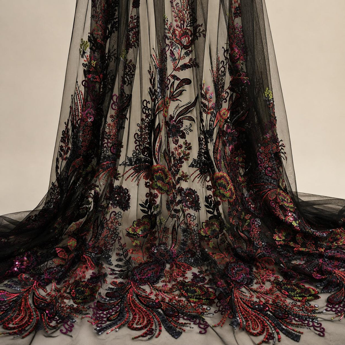 Multicolor Floral Sequin Lace Fabric by the Yard, Black Beaded Embroidered Mesh, Couture Fabric for Evening Gown, Prom Dress