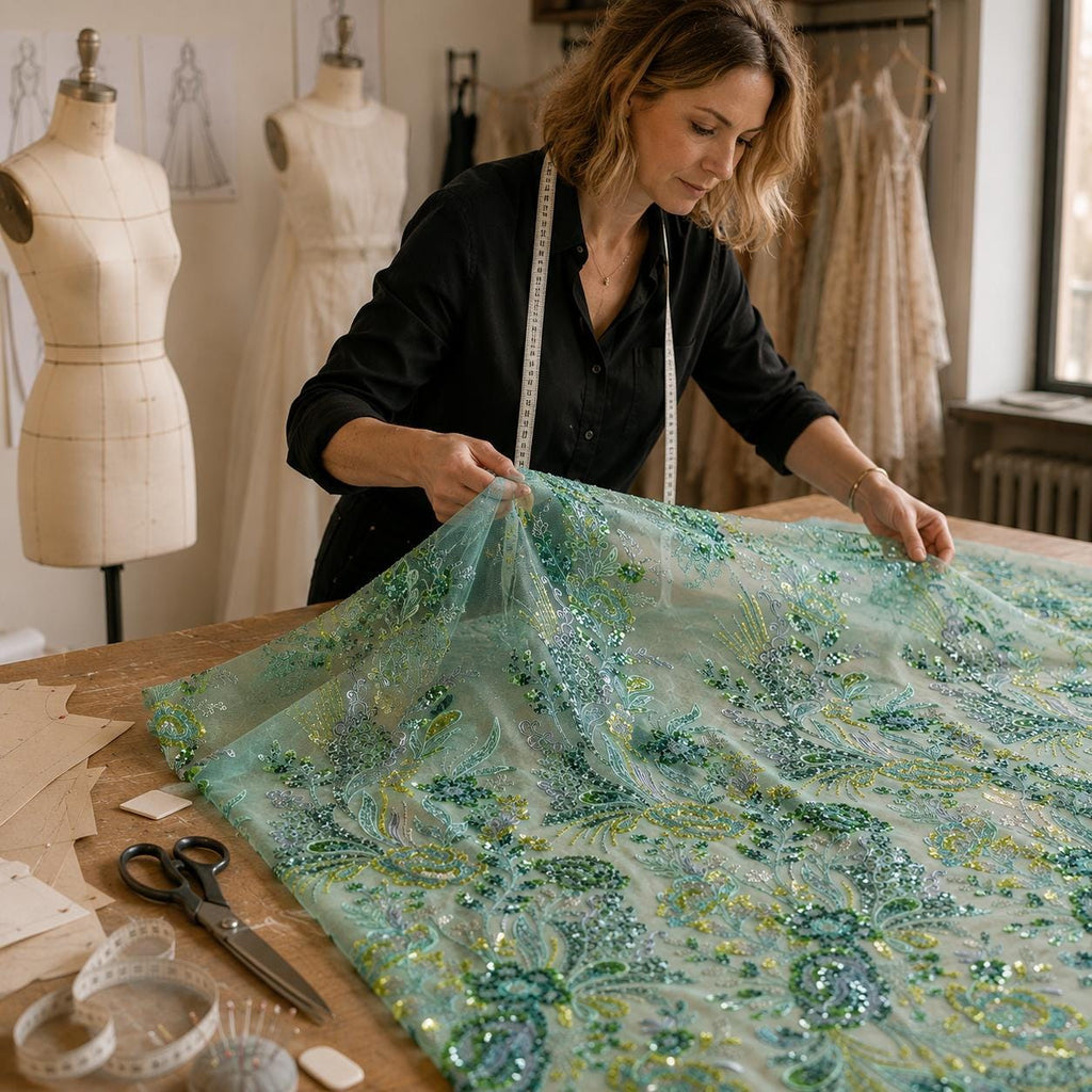 Seafoam Green Floral Sequin Lace Fabric by the Yard, Beaded Embroidered Mesh, Mint Green Couture Fabric for Prom Evening Gown