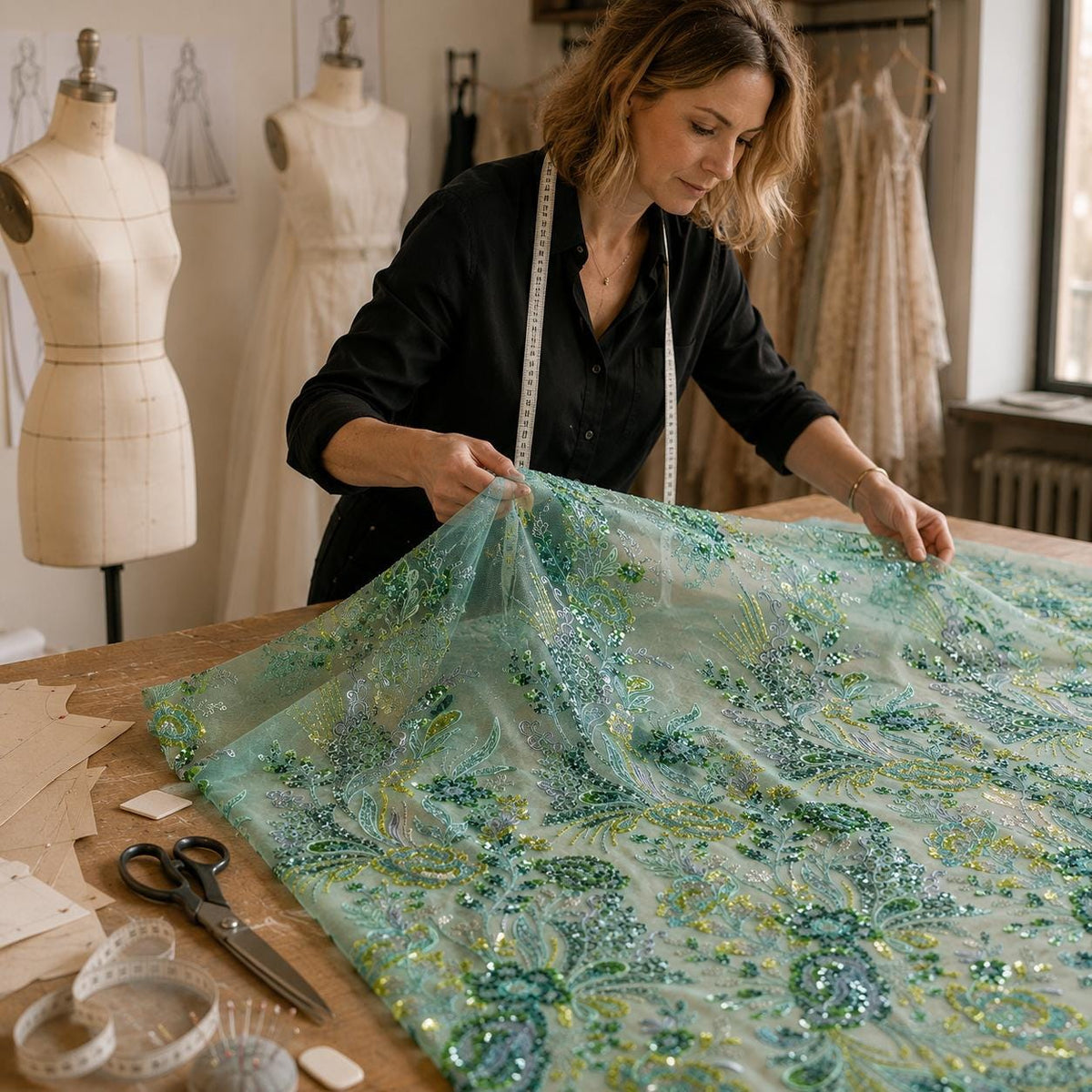 Seafoam Green Floral Sequin Lace Fabric by the Yard, Beaded Embroidered Mesh, Mint Green Couture Fabric for Prom Evening Gown