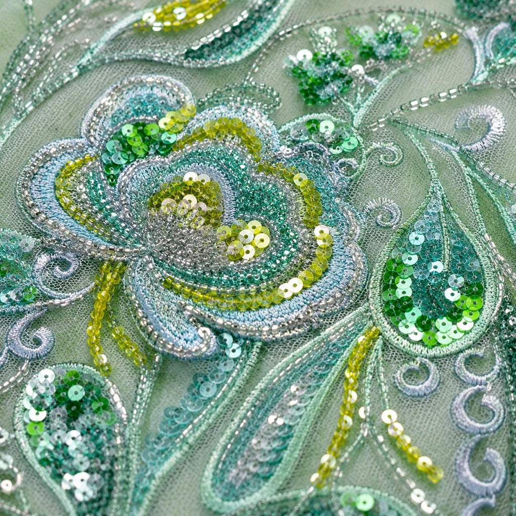 Seafoam Green Floral Sequin Lace Fabric by the Yard, Beaded Embroidered Mesh, Mint Green Couture Fabric for Prom Evening Gown