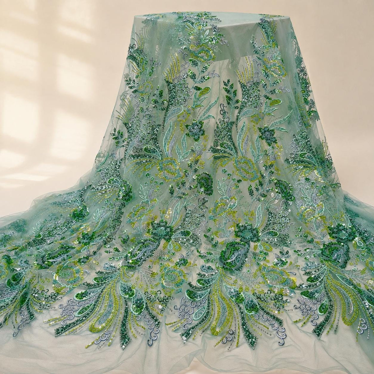 Seafoam Green Floral Sequin Lace Fabric by the Yard, Beaded Embroidered Mesh, Mint Green Couture Fabric for Prom Evening Gown