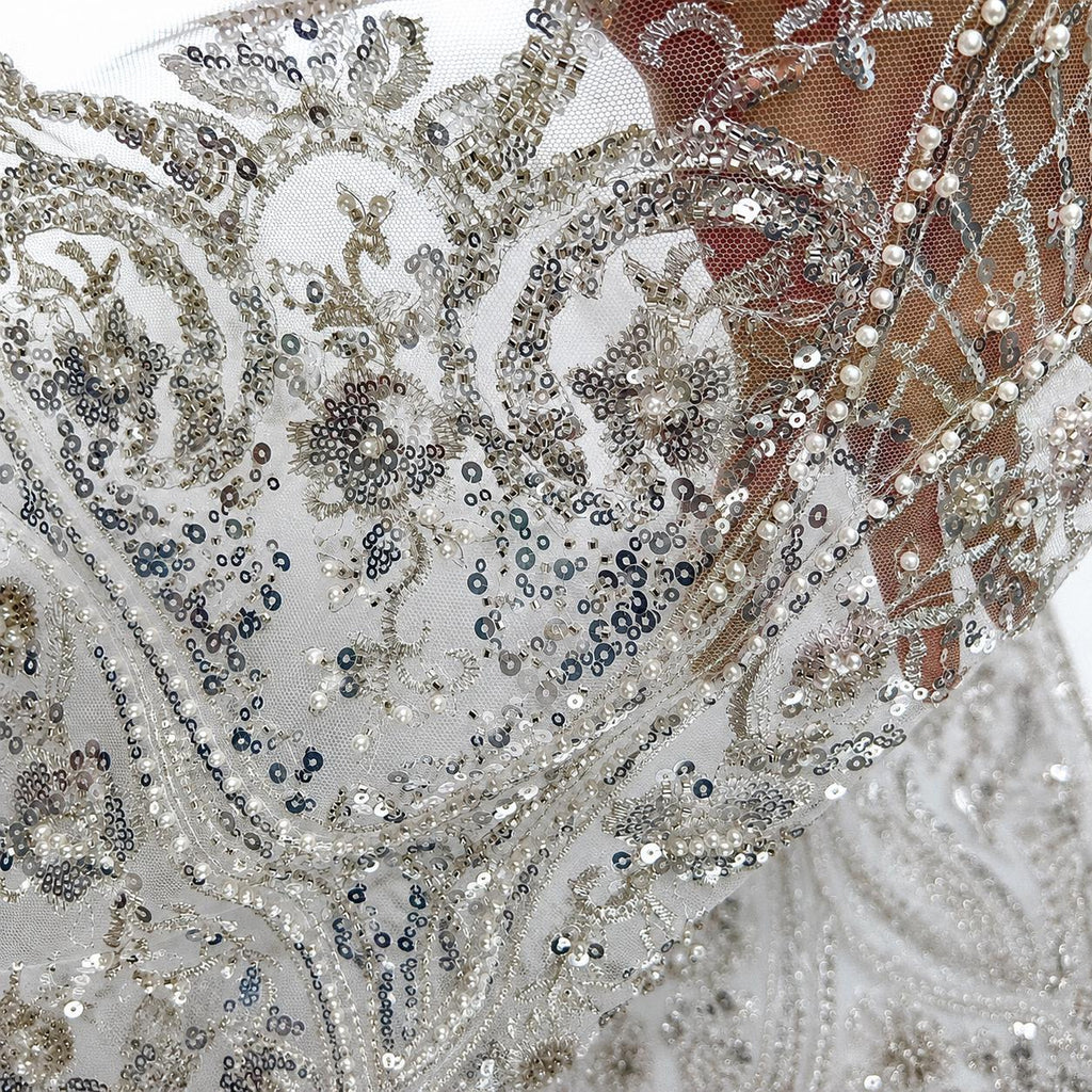 White Silver Beaded Lace Fabric by the Yard, Sequin Embroidered Tulle Mesh, Scalloped Bridal Lace for Wedding Dress & Couture Gown