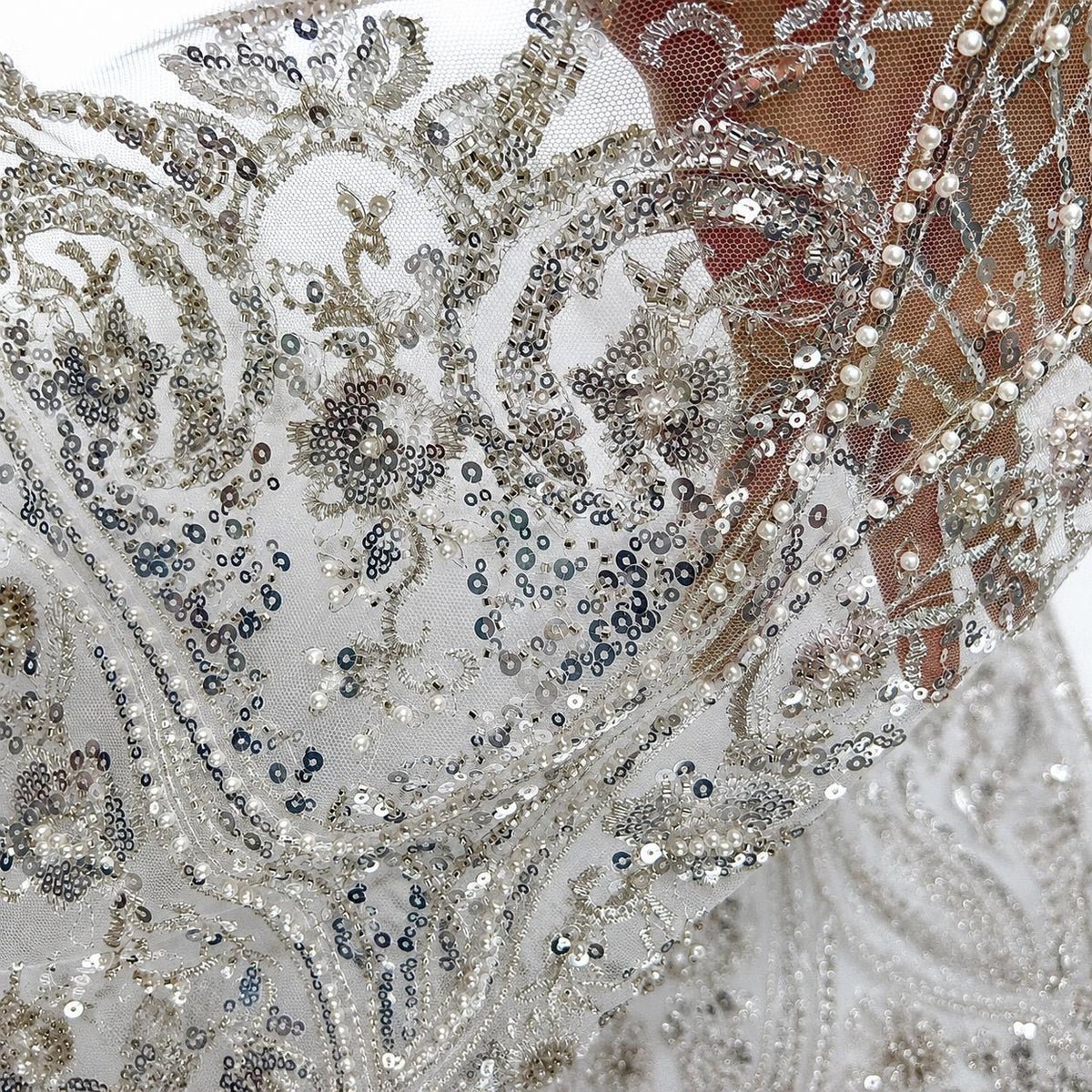 White Silver Beaded Lace Fabric by the Yard, Sequin Embroidered Tulle Mesh, Scalloped Bridal Lace for Wedding Dress & Couture Gown